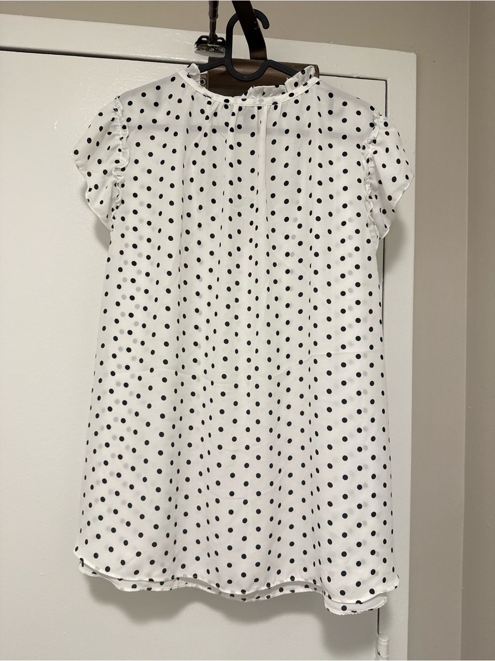 Ruffle Sleeve Polka Dot V-Neck Blouse - White/Black - Picture 2 of 3